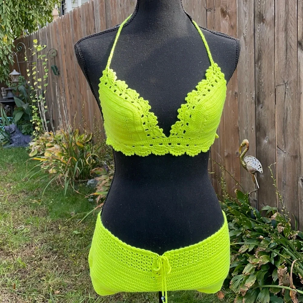 Neon Yellow Handmade Crochet Bikini Set – 100% Cotton – Adjustable S-M-L